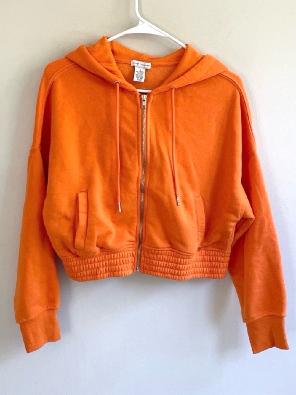 ORANGE CROPPED HOODIE POCKETS TIES STRETCH WAIST SMOCKED SILVER ZIPPER